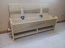 Load image into Gallery viewer, Child&#39;s bench and toy box. Solid hardwood childrens furniture. Childrens playroom furniture. Child&#39;s sitting bench.